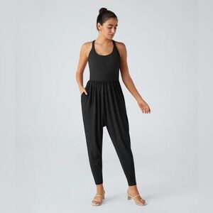 Backless Twisted U Neck Side Pocket Harem Casual Jumpsuit
